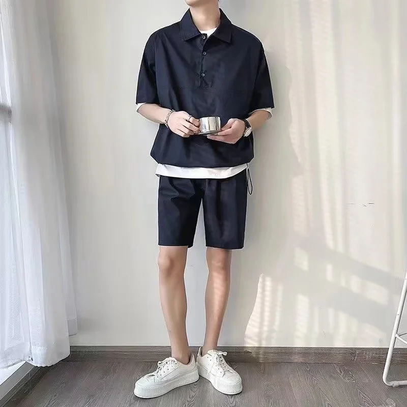 Men\'s Summer Polo Shirt Two Piece Set Buttons Pullover Casual Cargo Sports Summer Tracksuit Fashion Short-sleeved +Shorts Suit 2