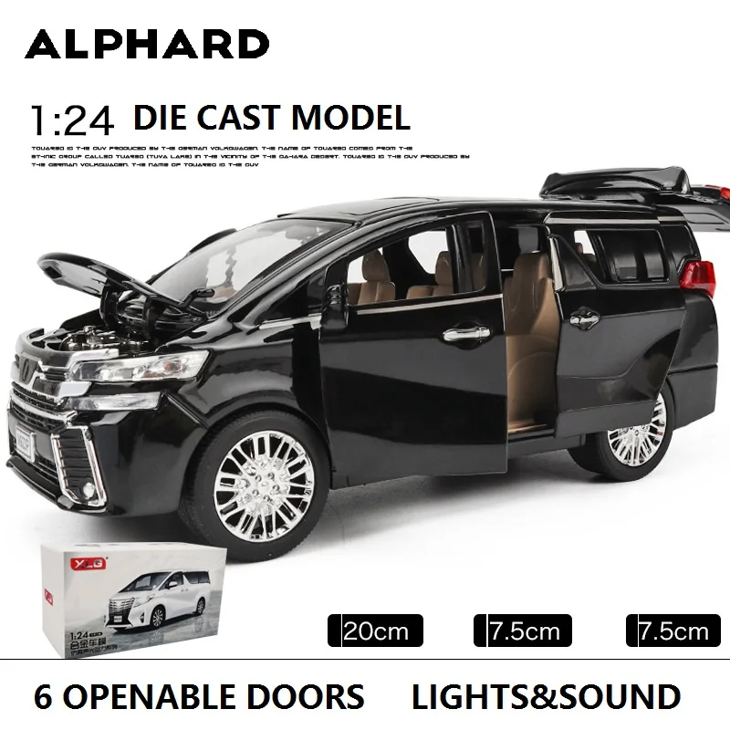 1:24 Toyota Alphard M923O  Alloy Model Simulation MPV Big 20Cm 6 Doors Openable Business Car Excellent Quality A159