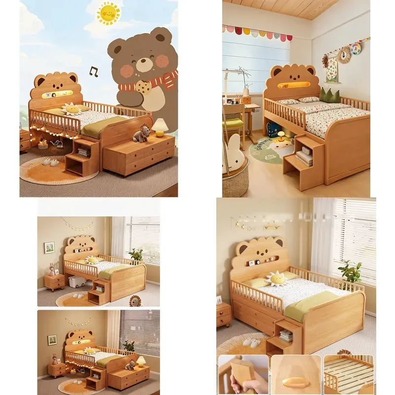 Modern Nordic Solid Wood Kids Bed with Bear Shaped Headboard LED Night Light and Safety Guardrail Toddler Single Bed Frame