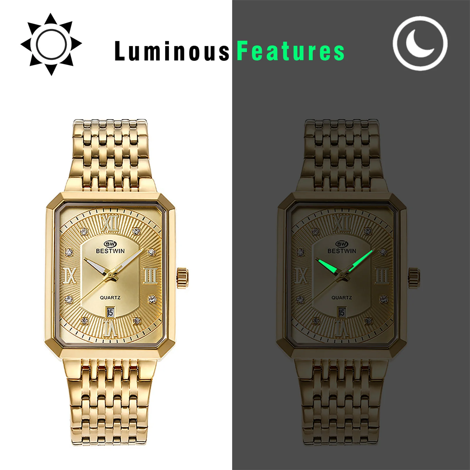 LANCARDO-relógio de quartzo retangular para homens, mostrador calendário, mãos luminosas, impermeável, pulseira de aço inoxidável, mostrador diamante, negócios