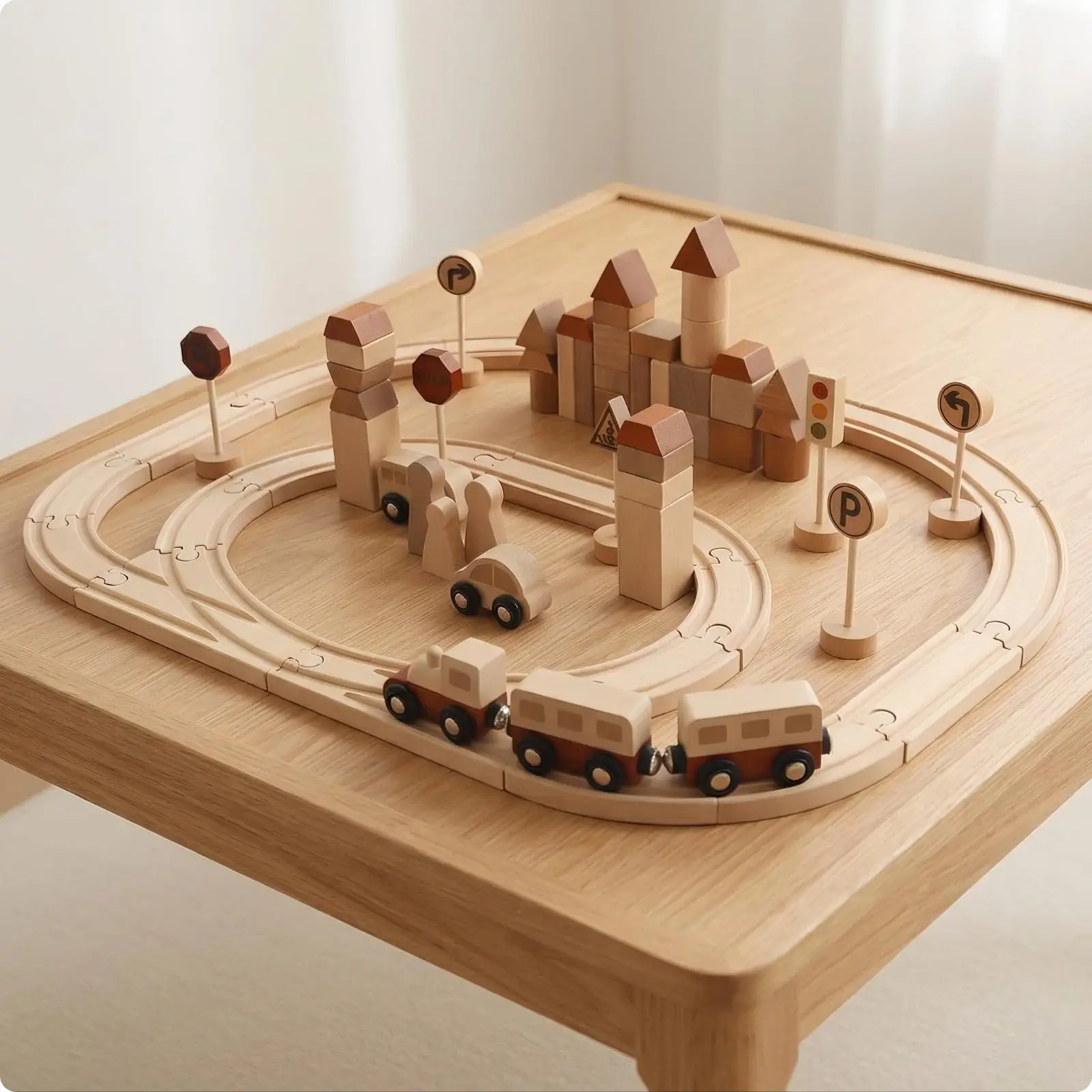 Wooden Train Track Building Blocks for Children with Mini Cars and Road Signs