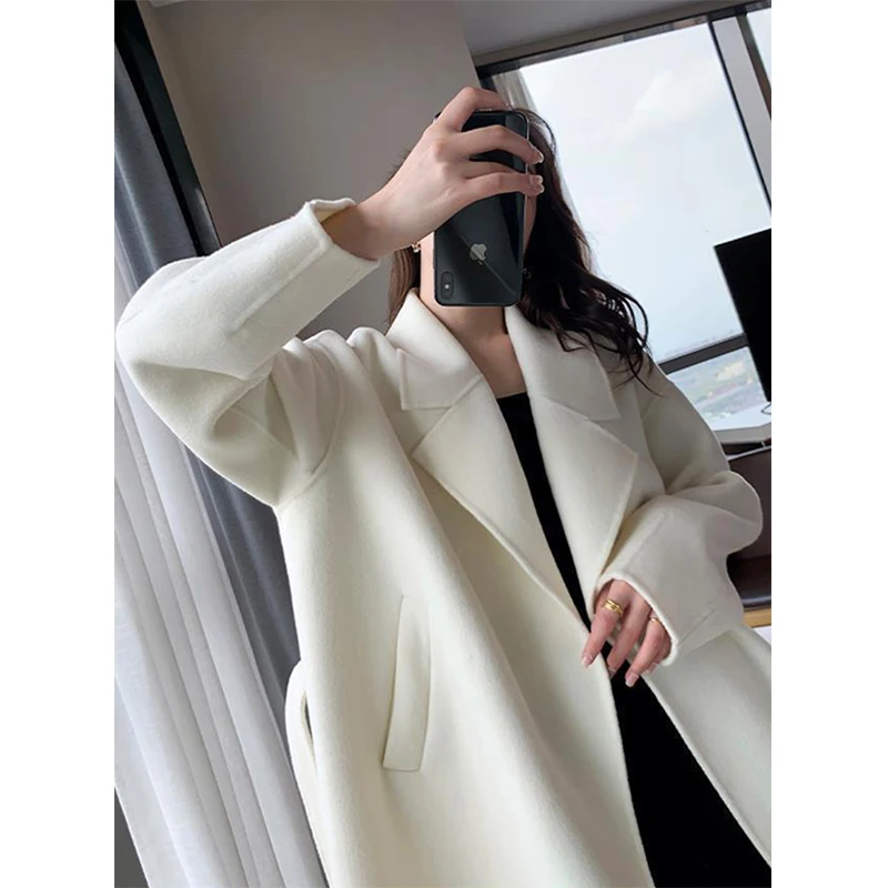 Elegant Midi Wool Blends Coat Women Korean Thicken Long Bandage Jackets Oversized Lace Up Outwear White Cardigan Woolen Overcoat