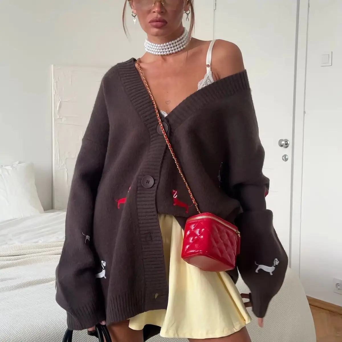 

WXOY Women Cute Dog Pattern Embroidered Knit Cardigan Oversized Loose Long Sleeve Sweater Casual Button Up V Neck Open Outerwear