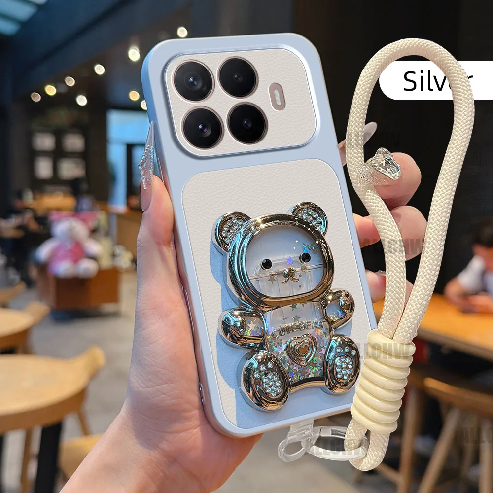 Funda de Teléfono con Soporte de Oso 3D y Textura de Litchi para Xiaomi 17T 17 Pro Max 15 Ultra 15T 14T 13T 12 con Cuerd
