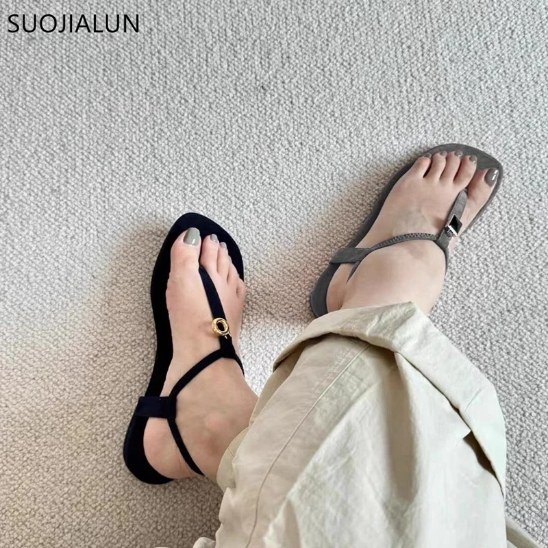 SUOJIALUN-Sandalias de gladiador con correa en el tobillo para mujer, zapatos elegantes de tacón plano y suave, a la moda, novedad de verano, 2024