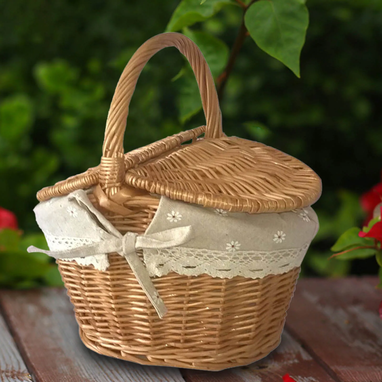 Wicker Picnic Basket with Sturdy Lid Handle Picnic Hamper Washable Lining Wicker Woven Basket for Beach Hiking Outdoor Camping