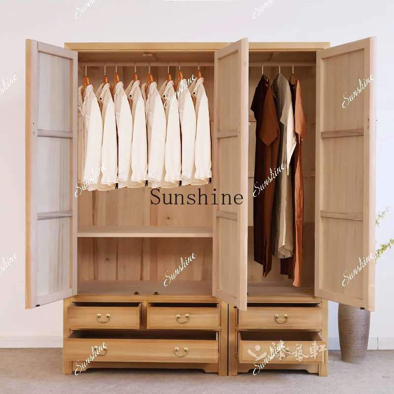 New Chinese-style camphor wood three-double door wardrobe full solid wood bedroom top box cabinet  FT
