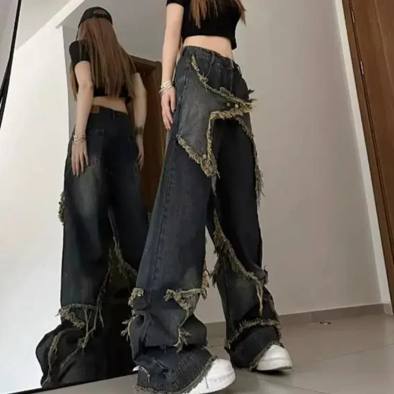 American Retro Heavy Industry Loose Jeans Women's Design Sense Burr Edges Floor Dragging Straight Leg Long Pants Men's Clothing