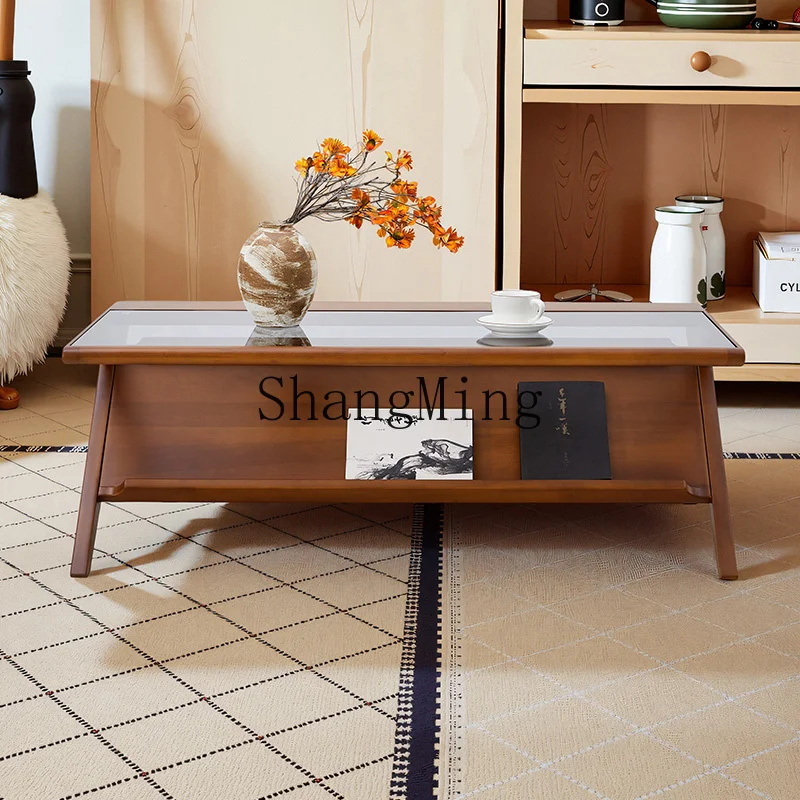 

ZYY medieval solid wood coffee table retro small apartment living room rectangular glass tea table