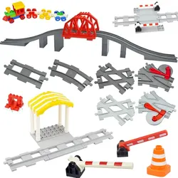 Big Size Train Car Tracks Bricks Transport Accessories Straight Curved Uphill Switch Rail Building Blocks Compatible Duploes