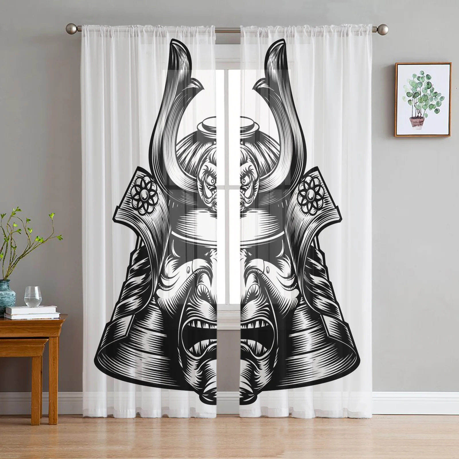 Japanese Style Samurai Helmet White Tulle Curtains for Living Room Bedroom Decor Transparent Chiffon Sheer Voile Window Curtain