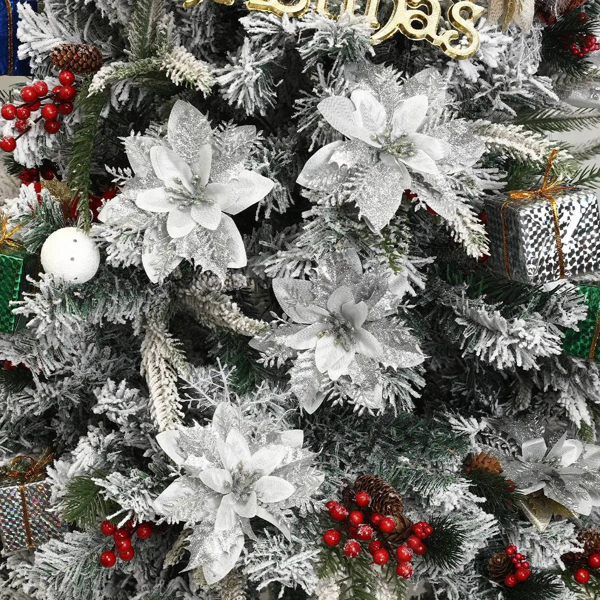 Weihnachts-Glitzerblumen, künstliche Blumen, Weihnachtsbaumschmuck für Zuhause, 2025, Baum-Anhänger, Ornamente, Navidad, Neujahr 2026, Geschenk – Detail 17