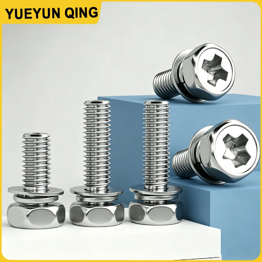 304 Stainless Steel Cross Hexagonal Combination Screw with Washer  Spring Washer Concave Hole Combination Thread Machine Bolts