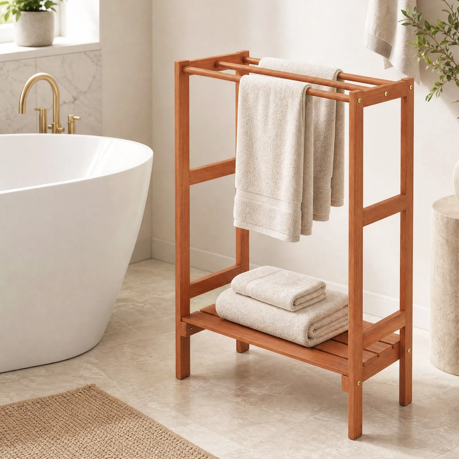 Freestanding Towel Rack w/3 Hanging Bars and Bottom Shelf for Bathroom, Laundry