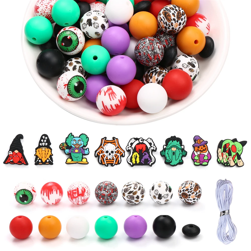 72pcs Halloween Stye Silicone Jewelry Making Kits Abacus Round Spider Skull Pattern Spacer Beads for DIY Handcrafts Keychain Bracelet Accessories Ideal Festival Gifts for Handcrafts Lover