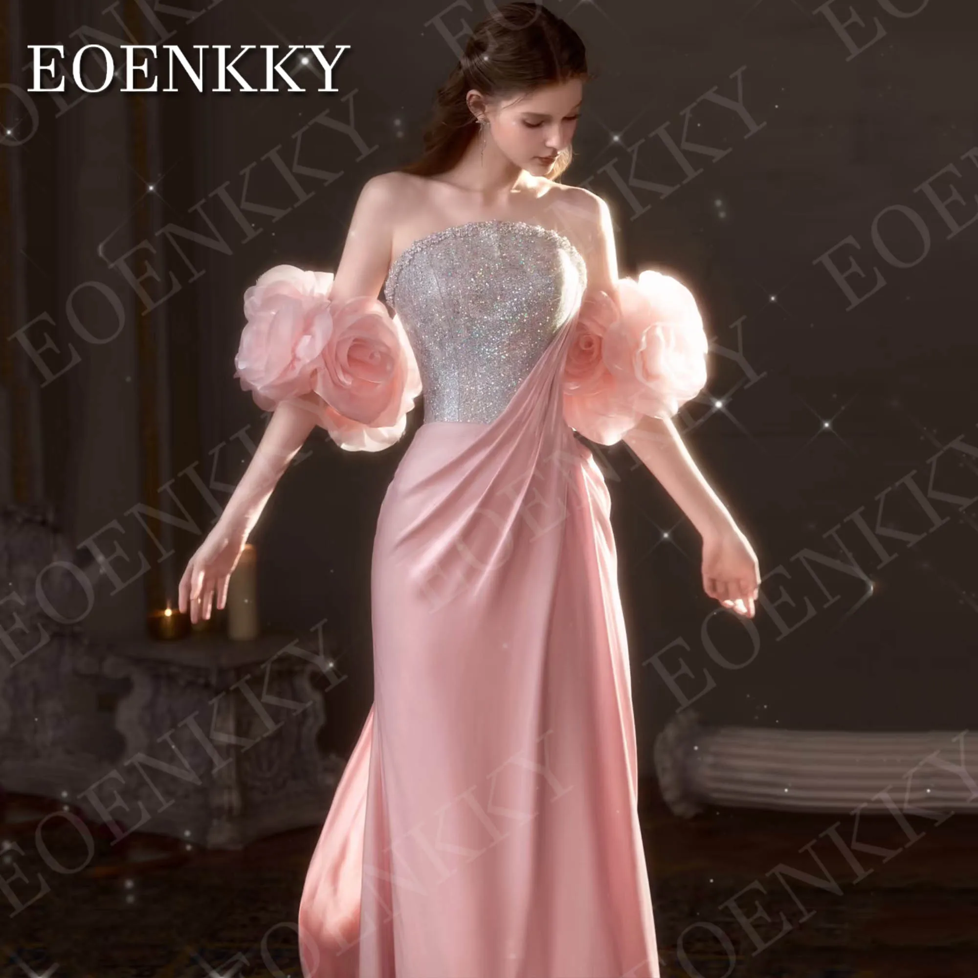 فستان سهرة بحورية البحر سباركلي من EOENKKY أنيق بدون حمالات مطرز بالترتر من الساتان فساتين مأدبة ثلاثية الأبعاد مزهّرة بدون أكتاف مخصصة فستان ليلة حورة البحر الرائعة أنيقة بائكة بلا حزمة الخرز فساتين مأدبة الساتين 3D ز