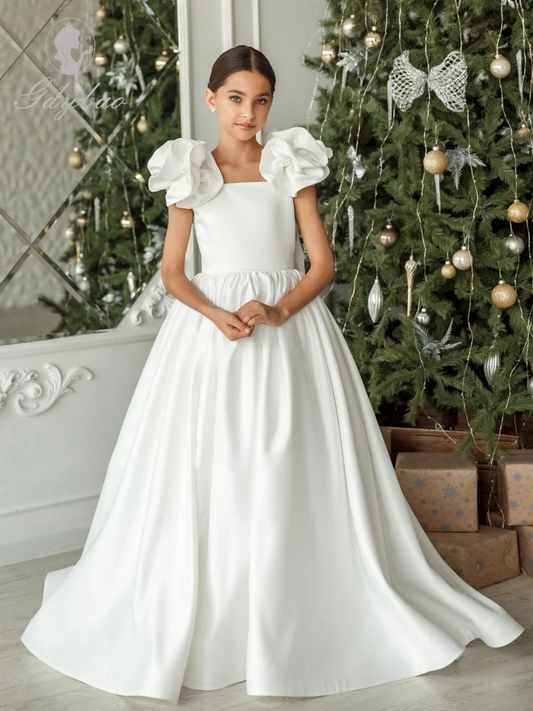 Flower Girl Dresses White  Satin Solid with Bow Sleeveless for Wedding Birthday Banquet First Communion Gowns