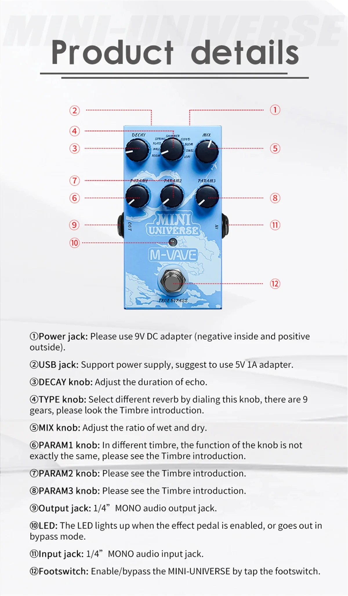 M-VAVE ميني الكون ريفيرب تأثيرات دواسة الغيتار الرقمي ريفيرب صحيح الالتفافية المعدنية 9 نغمات ريفير لاستوديو الغيتار الكهربائي