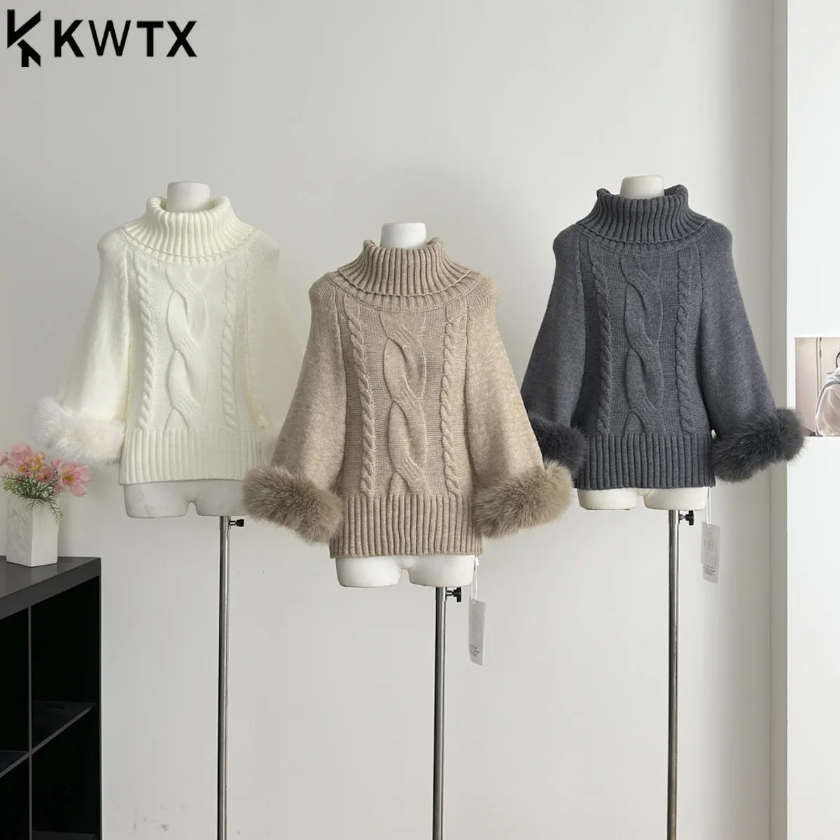 

KWTX женский вязаный пуловер с высоким воротом и меховыми манжетами, однотонный повседневный шикарный винтажный элегантный премиум-класса, осенне-зимняя мода, новинка