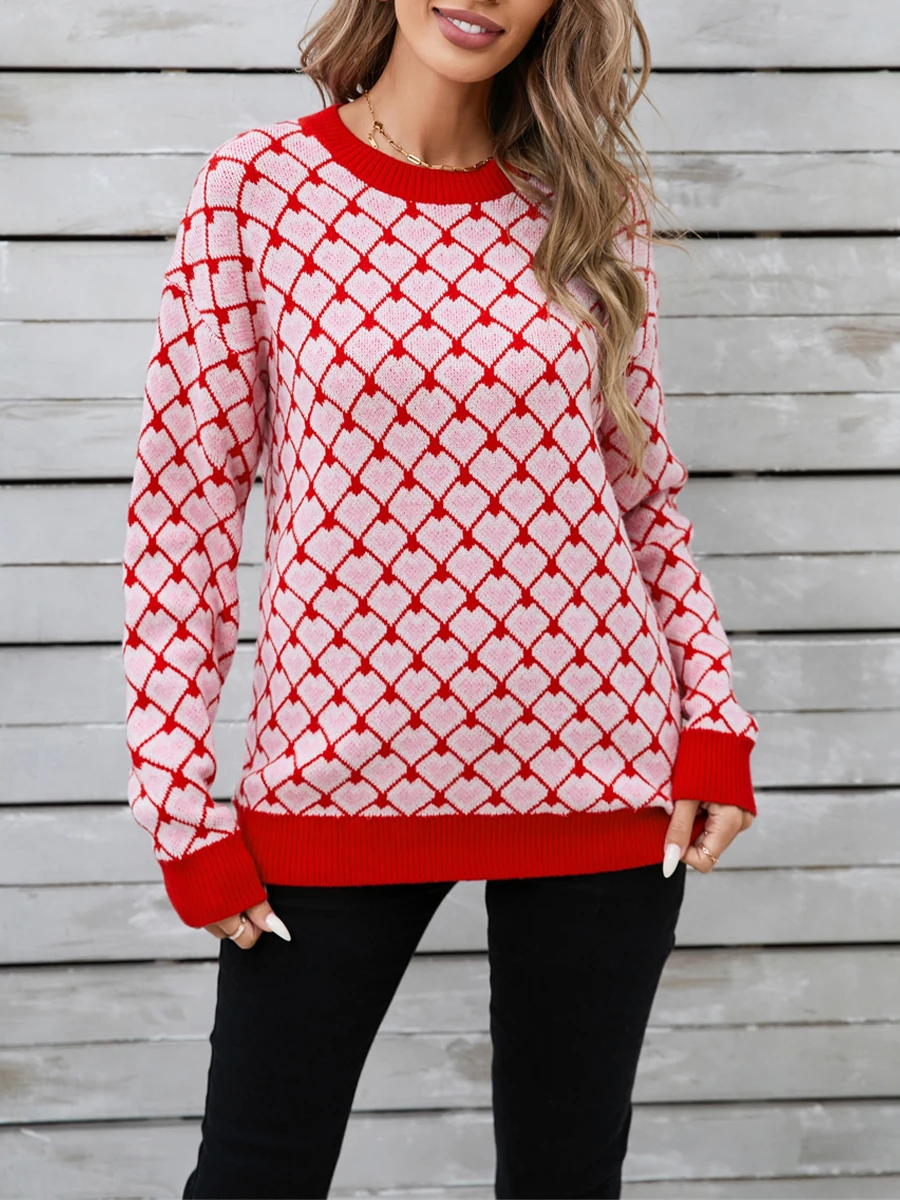 Women s Argyle Heart Print Sweaters Classic Long Sleeve Crew Neckline Loose Knit Pullover Tops