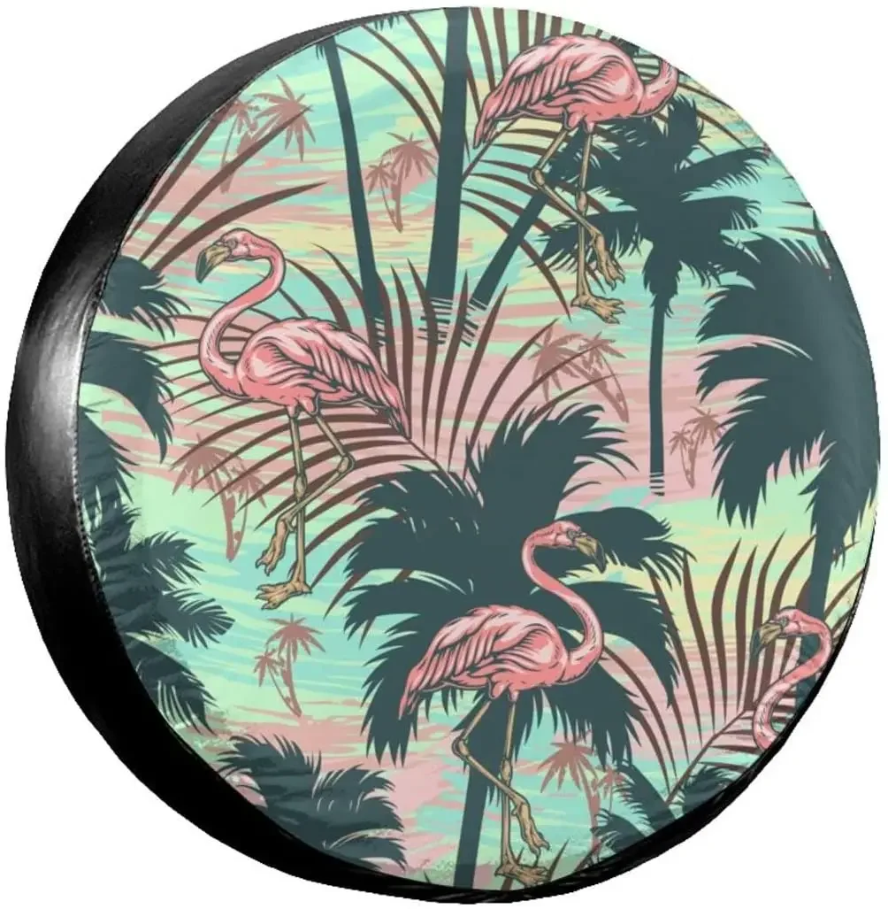 Hpoplace Spare Tire Cover,Flamingo Tropical Leaves Wheel Cover All-Weather Dustproof Wheel