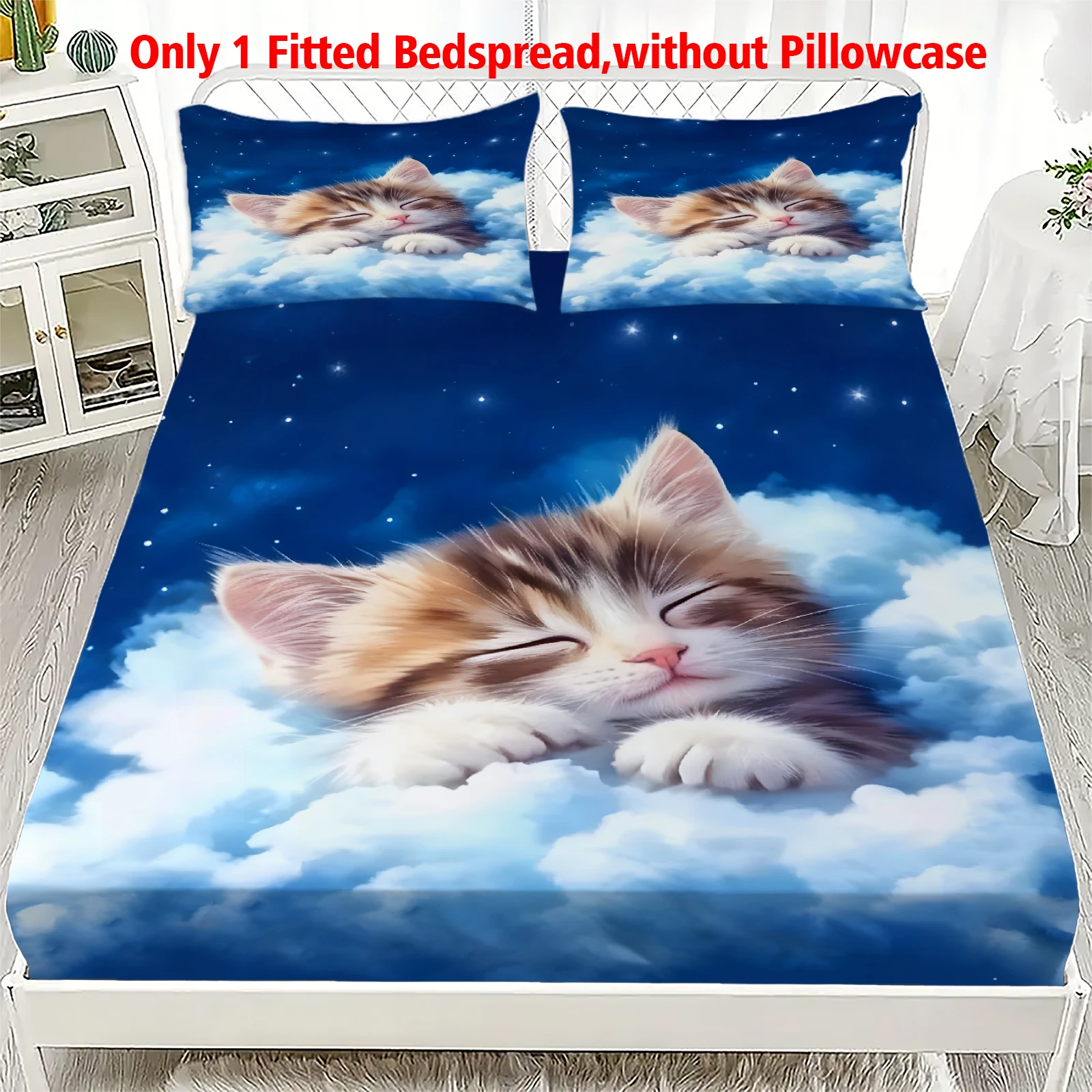 1 Simple Modern Cute Cat Printed Matte Fitted Sheet, Bedroom Printed Bed Cover, Bedding (Excluding Pillowcases)