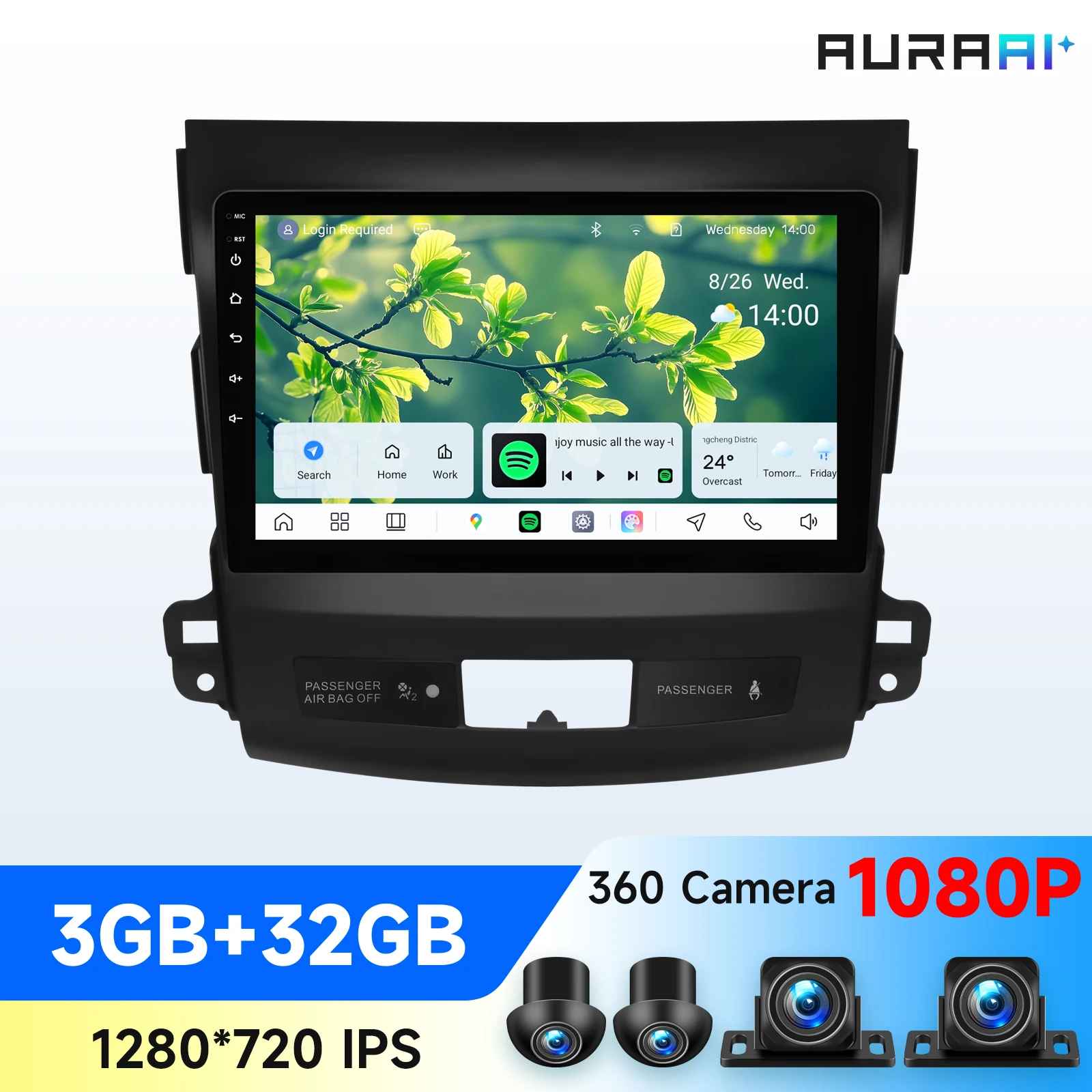 AURAAI Android Autoradio-Player für Mitsubishi Outlander 2, für Citroen C-Crosser, für Peugeot 4007, kabelloses Carplay, intelligenter Touchscreen, 8-Kern-Multimedia, 360°-Kamera, Auto-GPS