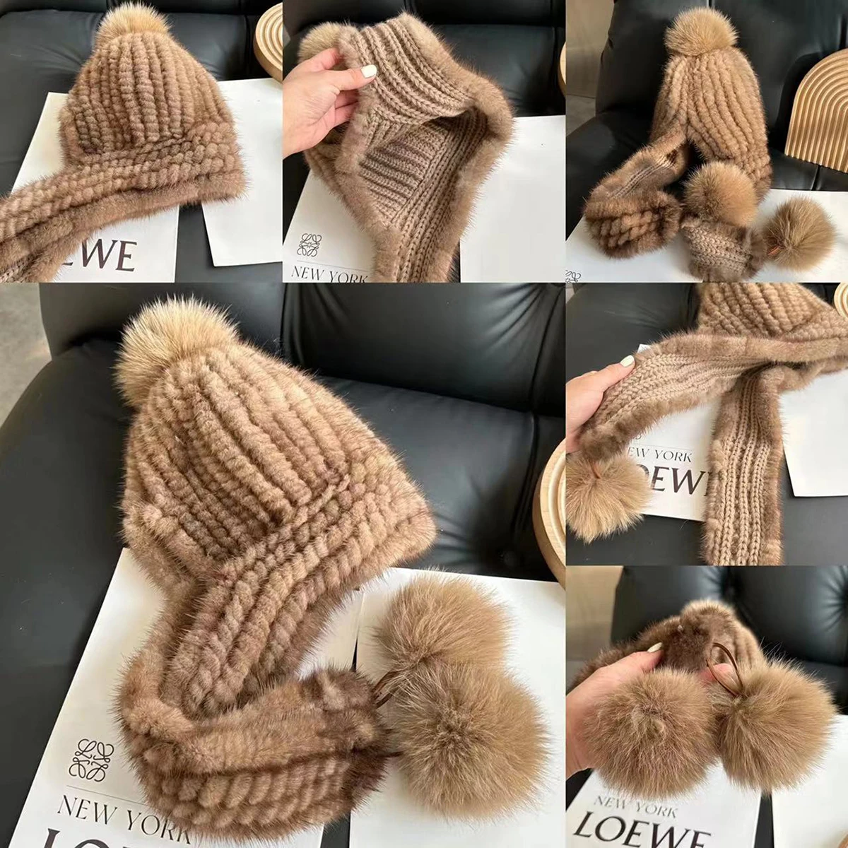 Chapeau en Fourrure de Vison 100% group pour Femme, Bonnet d'Hiver avec Pompons en Fourrure de Renard, Écharpe artificiel astique