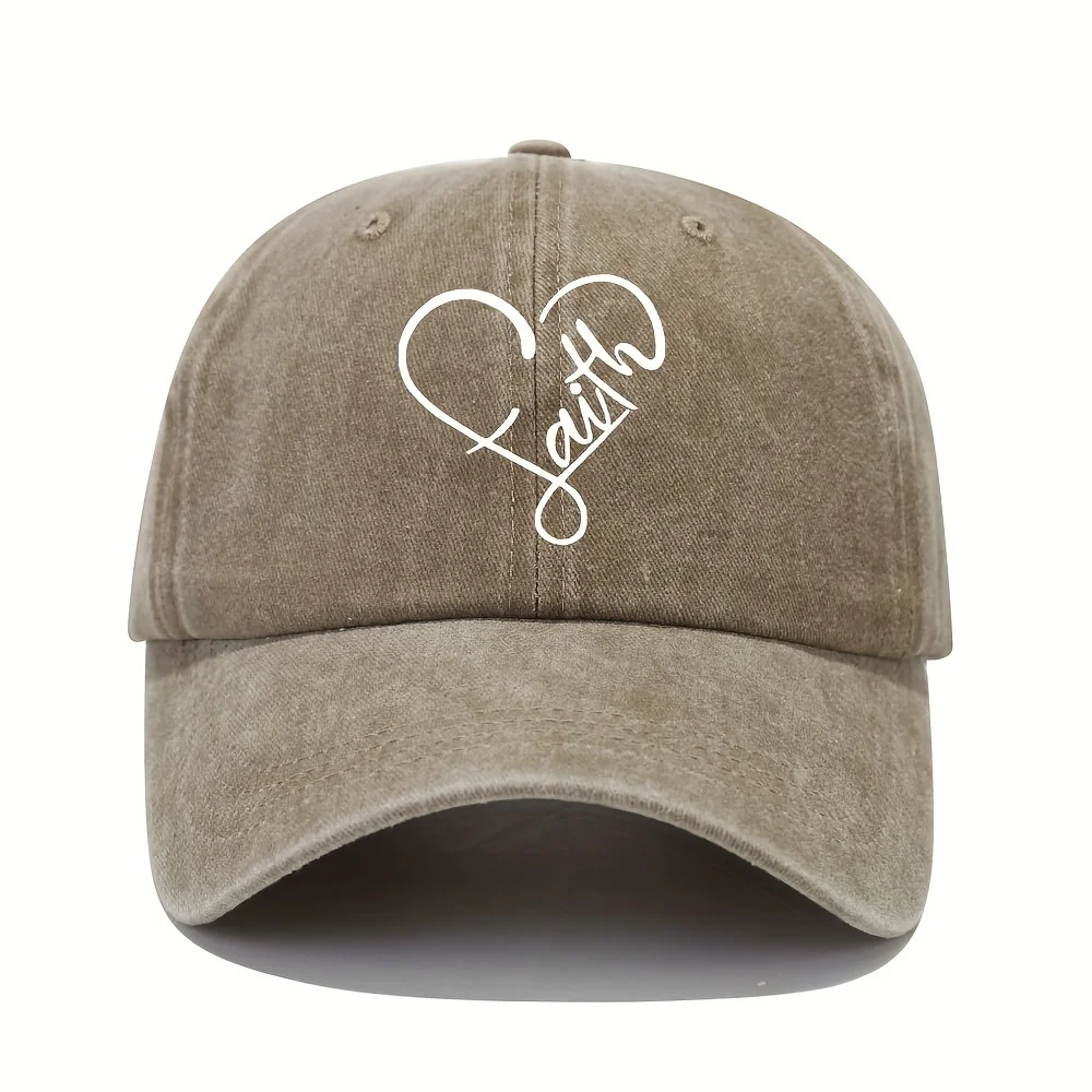 Adjustable Cotton Baseball Cap With Love Heart Faith Print, Washed Distressed Vintage Look, Unisex Sports Hat, Soft Top