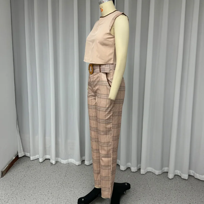 Wefads 2024 Fashion Women Two Piece Set Summer Office Patchwork O Neck Sleeveless Pullover Top Straight Plaid Printed Pants Sets