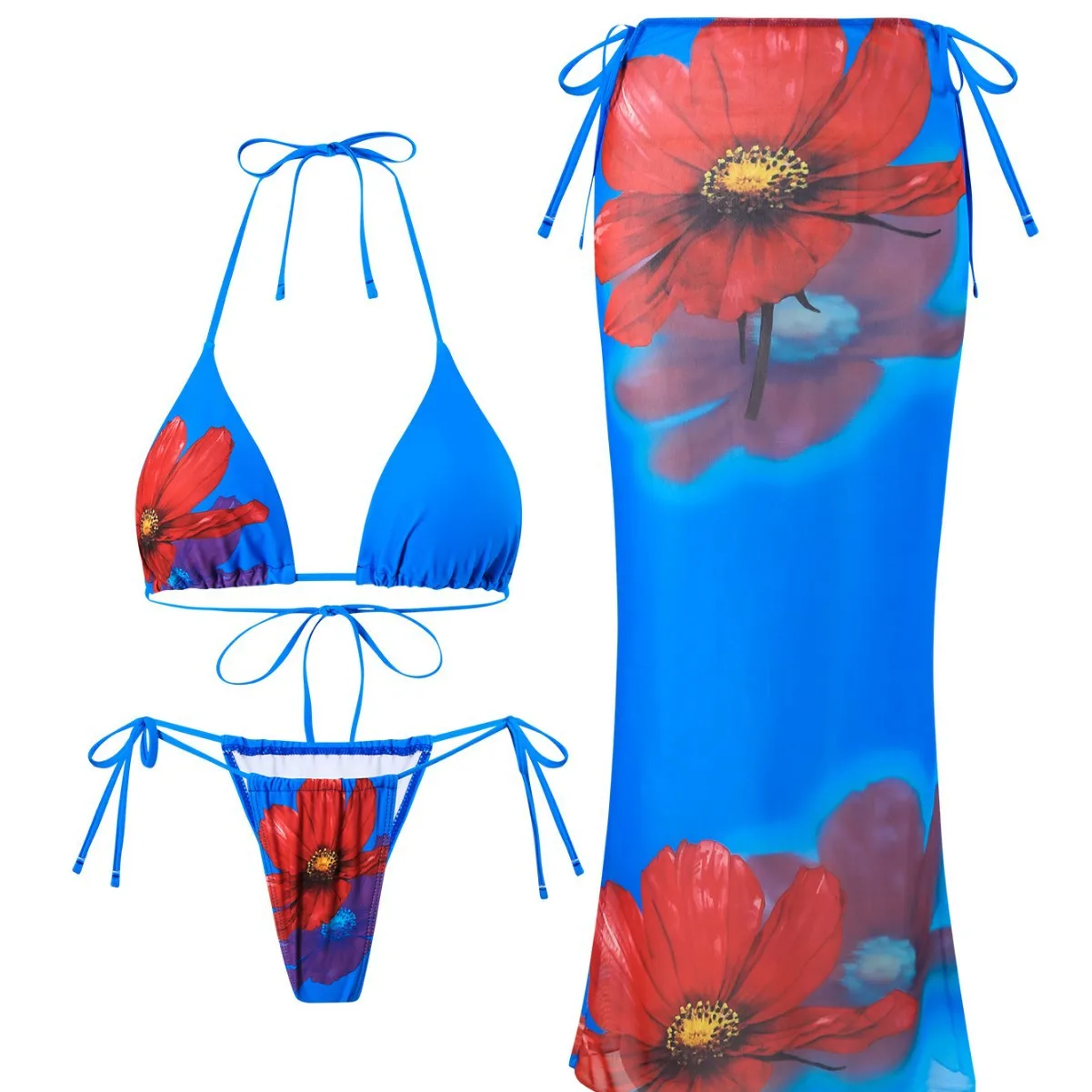 

Сексуальные треугольные бикини, женский купальный костюм с цветочным принтом и сеткой, длинный купальник с боковой завязкой, купальник из трех предметов, пляжная одежда