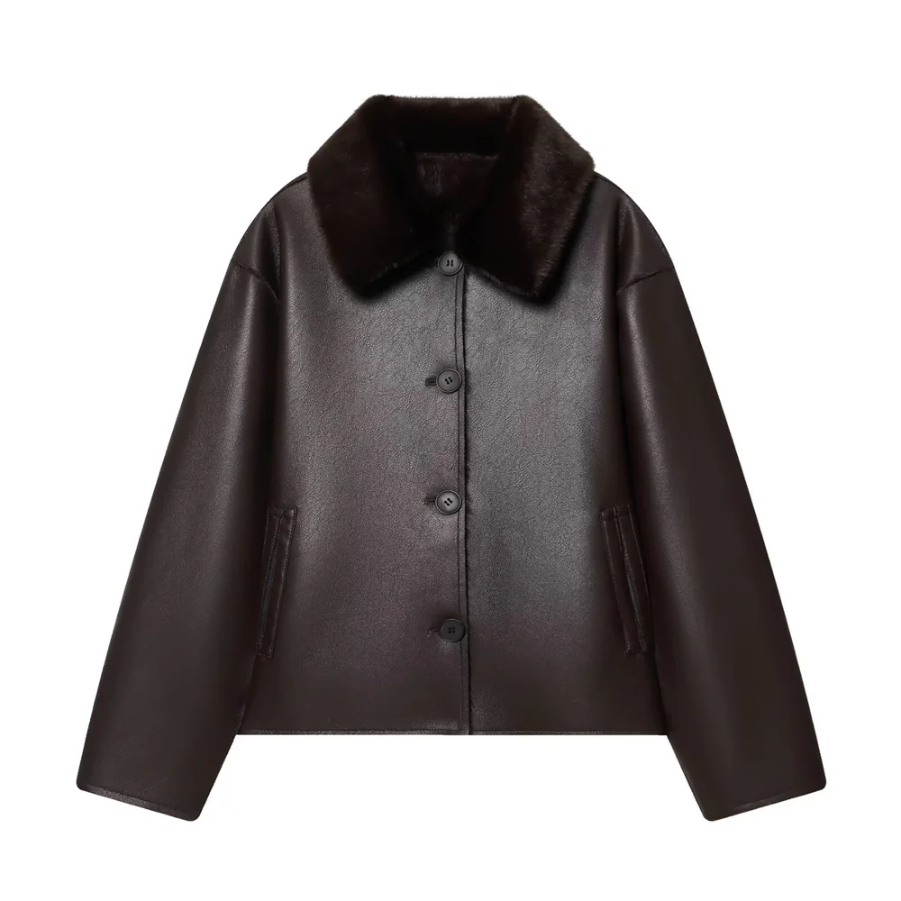 

Winter New Product Women's Retro Loose Collar Long Sleeve Double sided Imitation Leather Flip Jacket Coat