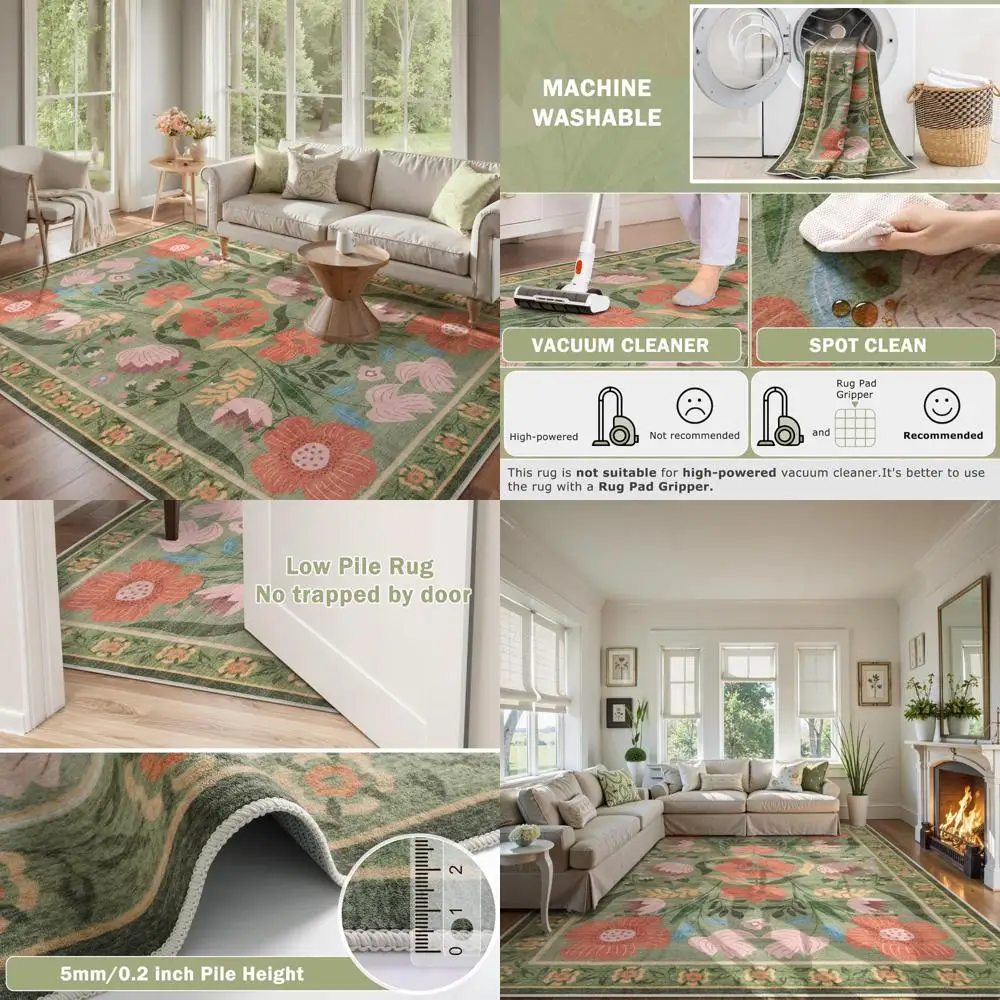 

Floral Green Washable Rug, 8x10 for Living Room, Soft Low Pile Carpet for Playroom and Dining Area