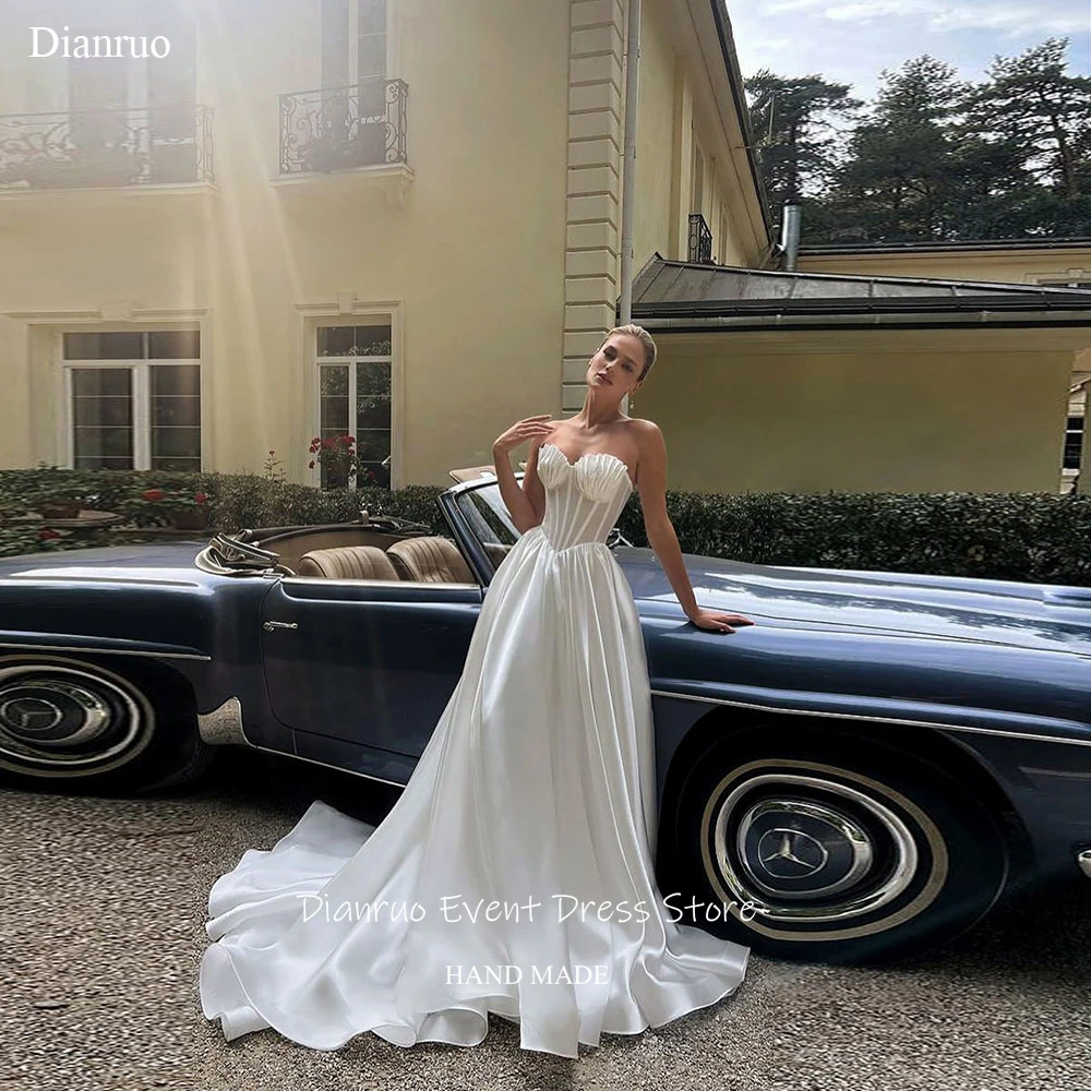 Dianruo A Line Pleated Wedding Dresses Floor Length Bridal Vestido De Noiva Sleeveless Shiny Satin Homecoming Dress Customized