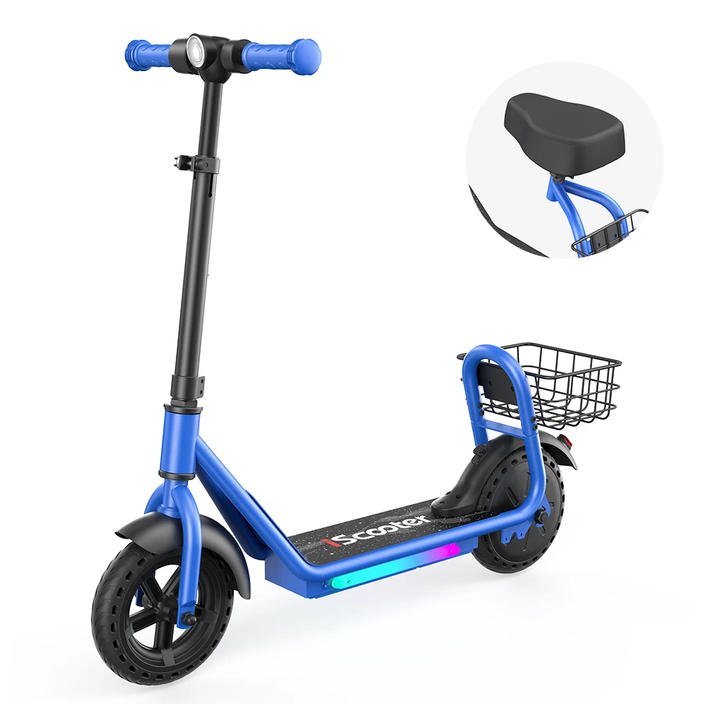 IScooter IK7 Elektrische Scooter voor Kinderen 8.5', Verstelbaar Stuur, Verwijderbare Zitting en Mandje, 250W Motor 3 Versnellingen, Bluetooth Muziekweergave & APP-gestuurde Kinder E-Scooter