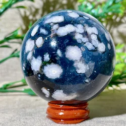 Crystal Natural Black Sphere Ball Flower Agate Druzy Minerals Reiki Living Home Decoratine Mineral Healing Geode+Stand