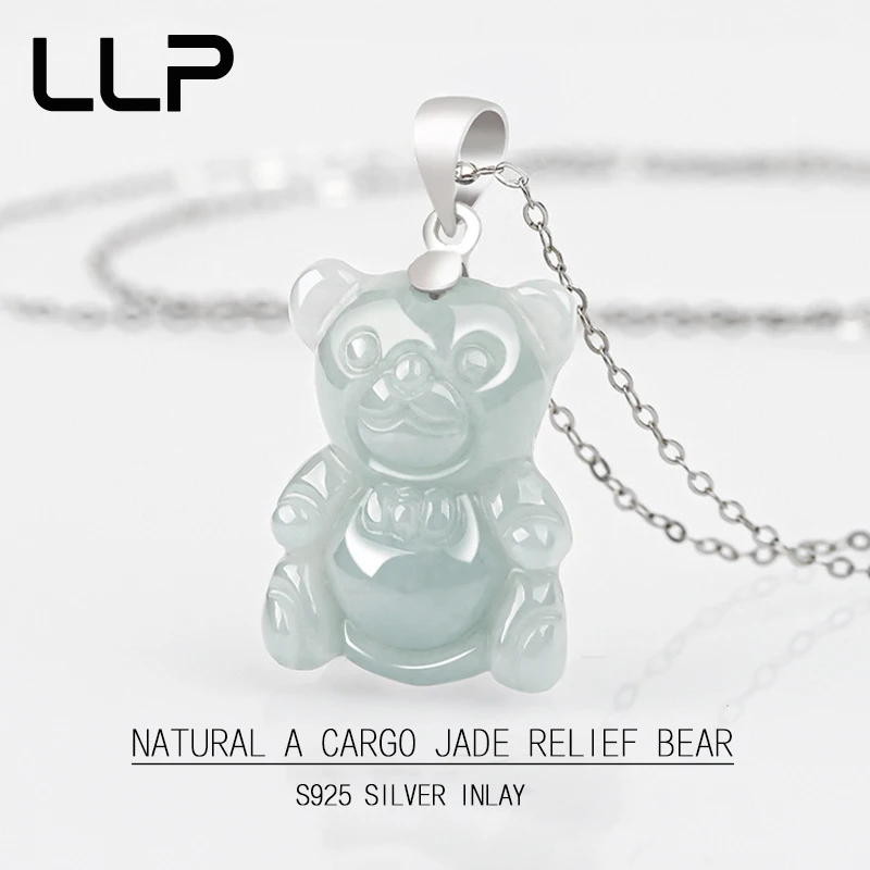 Natural A Jade S925 Silver Inset Bear Pendant Charm Fashion Couple On Amulet Jewelry Men's And Women's Necklaces Holiday Gift