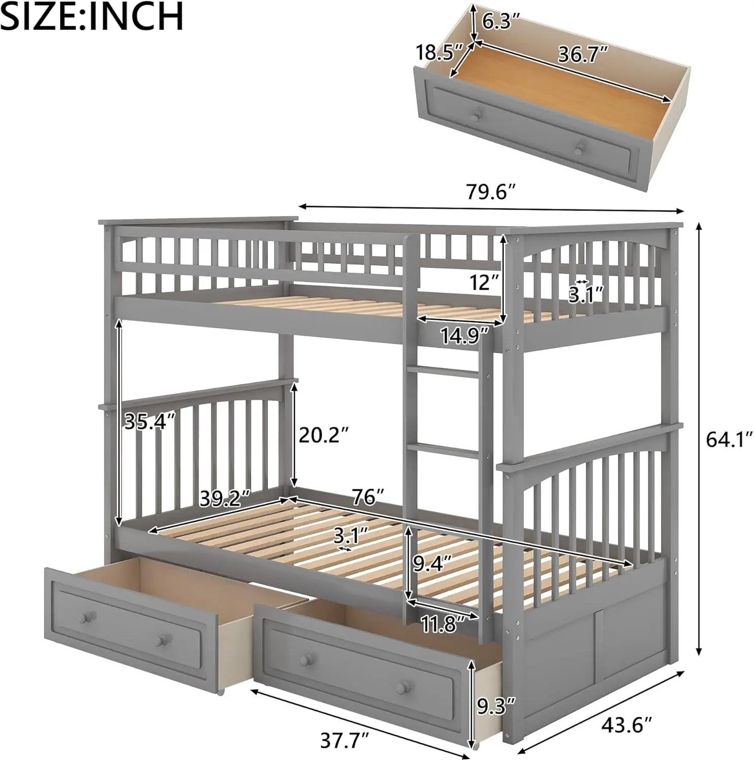 Twin Bunk Bed with Storage Drawers and Ladder - Can Be Divided Into Two Daybeds (Grey)