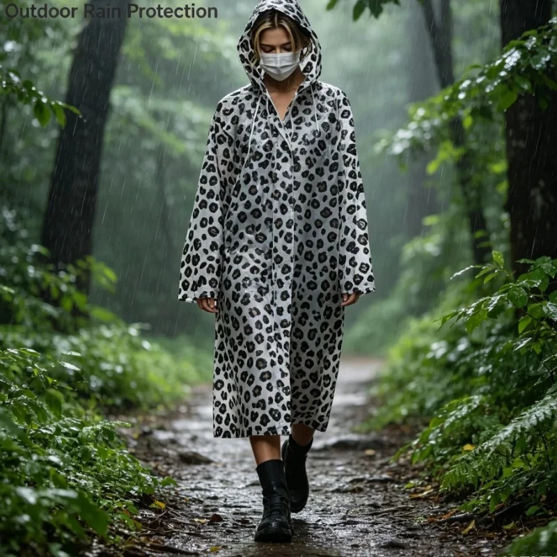 2pcs Leopard Print Long Raincoat Waterproof Hooded Poncho For Outdoor Hiking Travel Fashion Rain Wear Jacket