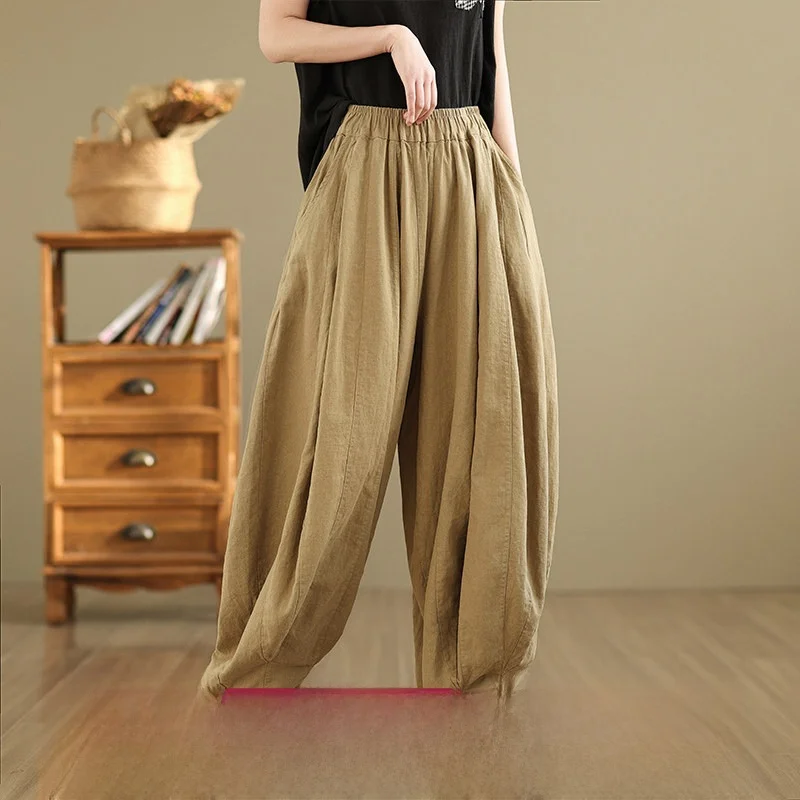 Spring Autumn Cotton Linen Wide Leg Lantern Pants Women Casual Loose Fitting Long Trousers plus Size Comfortable Pants