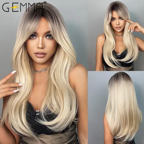 GEMMA Ombre 갈색 금발 긴 직선 합성 가발과 Bangs 코스프레 가발 여성용 고온 자연 가짜 머리카락