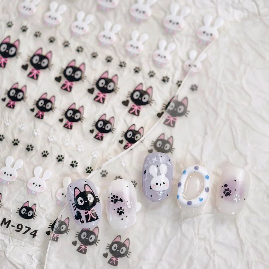 네일 아트 스티커 사랑스러운 토끼 5D 부조 매니큐어 데칼 만화 검은 고양이 흰 토끼 새끼 고양이 발 귀여운 3D 젤리 자기 접착제