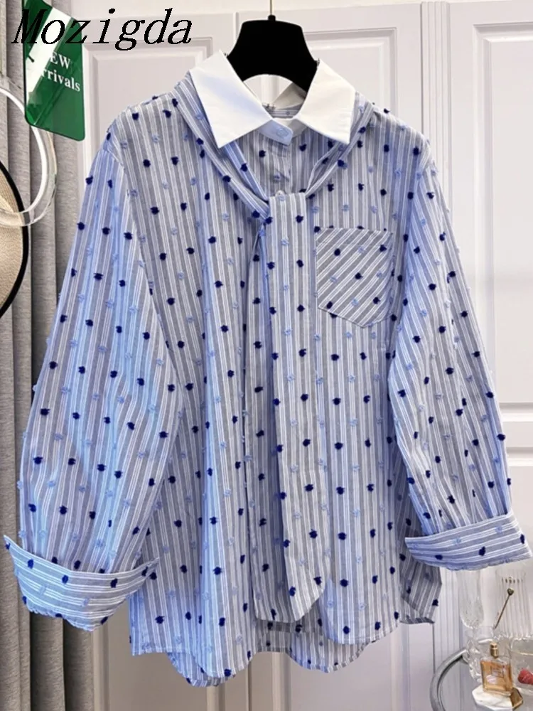 

Plus Size Autumn Chic Polka Dots Shirts Women Loose Full Sleeve Gentle Stripes Casual Vintage All Match Office Ladies Tops