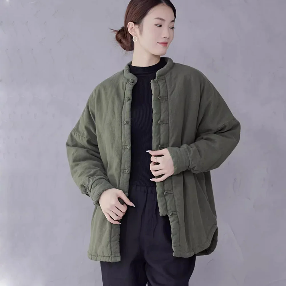 

Женские тонкие стеганые куртки из хлопка Ramie с длинным рукавом и застежкой-лягушкой, повседневное теплое стеганое зимнее пальто в стиле ретро, свободная верхняя одежда в китайском стиле