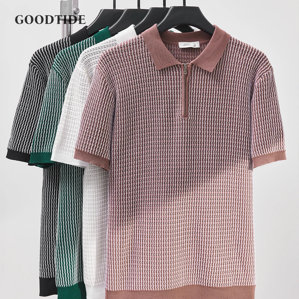 

2025 Men's Casual V-Neck Knitted Jacquard Polo Shirt Solid Color Short Sleeve Solid Color Shirt Breathable Zip-up Polo Shirt