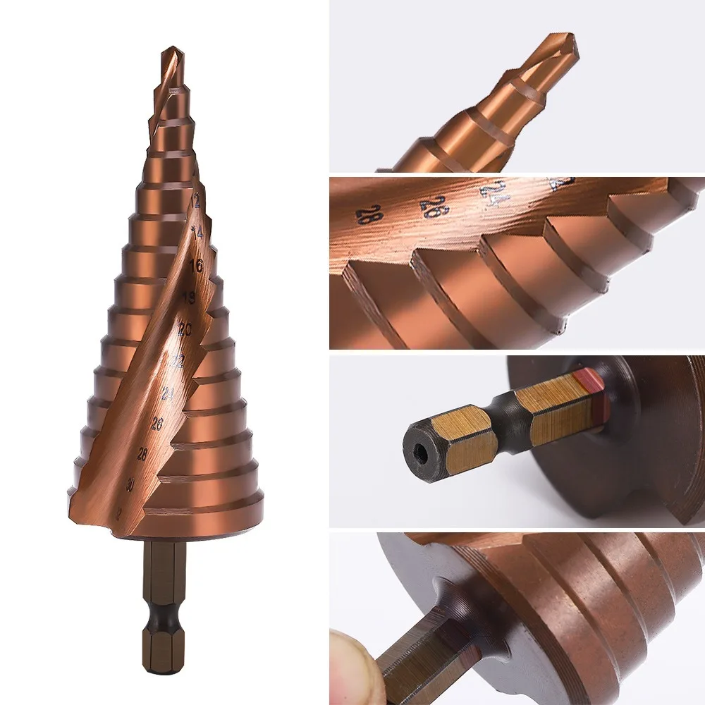 6-24/6-35mm M35 Cobalt Spiral Step Drill 4-12/4-20/4-22/4-32mm Hexagonal Spiral Step Drill 3-12/3-13mm Pagoda Drill Cutting Tool