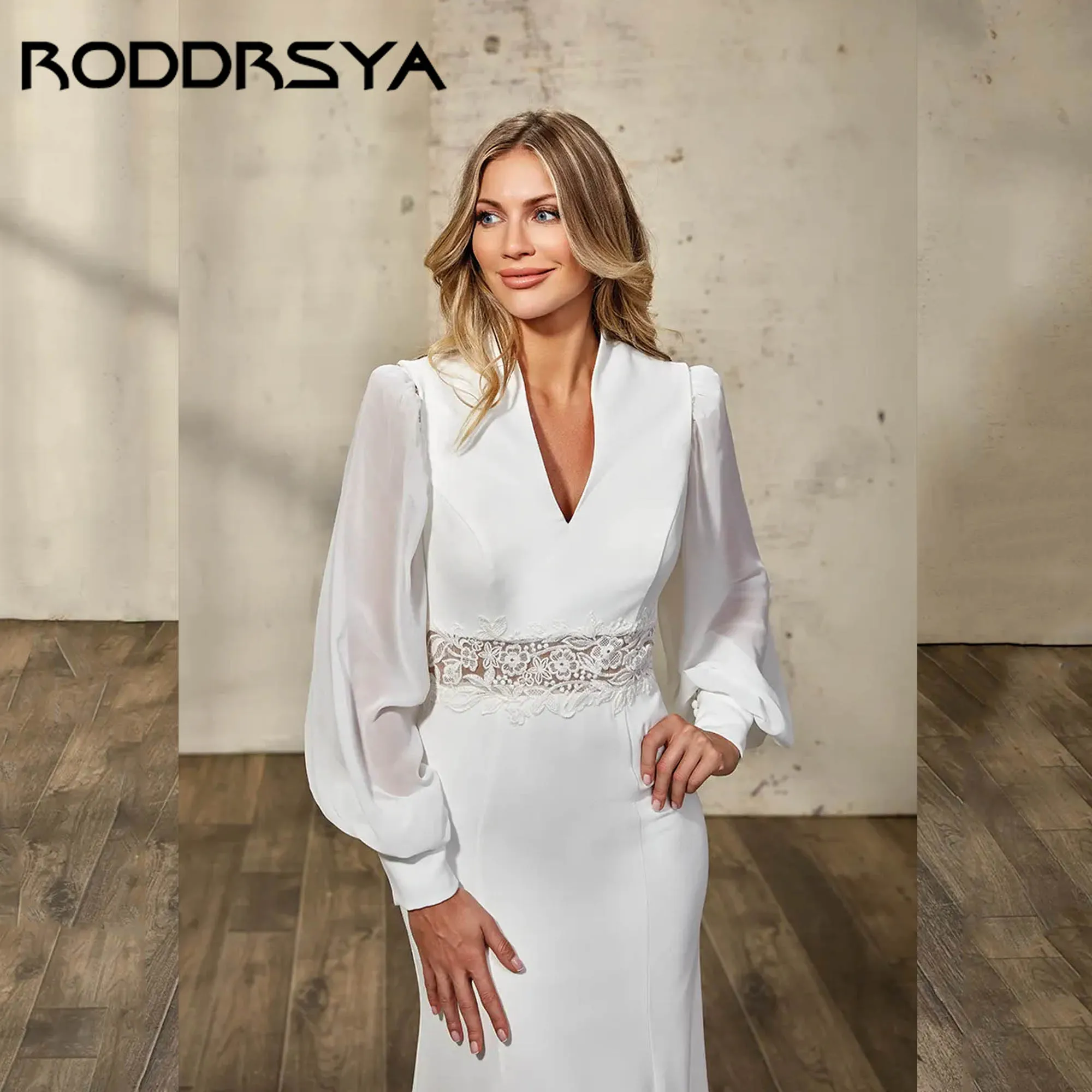 RODDRSYA Simple Wedding Dress With Detachable Long Chiffon Sleeves V-neck Gowns For Bride Mermaid Lace robe de mariée Customized