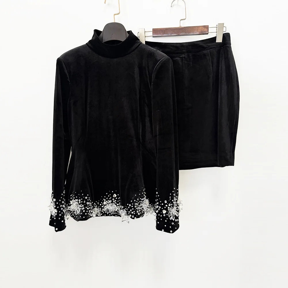 HIGH STREET Newest Fashion 2026 Designer Suit Set Women's  Velvet Beaded Cropped Jacke Skirt Suit 2pcs