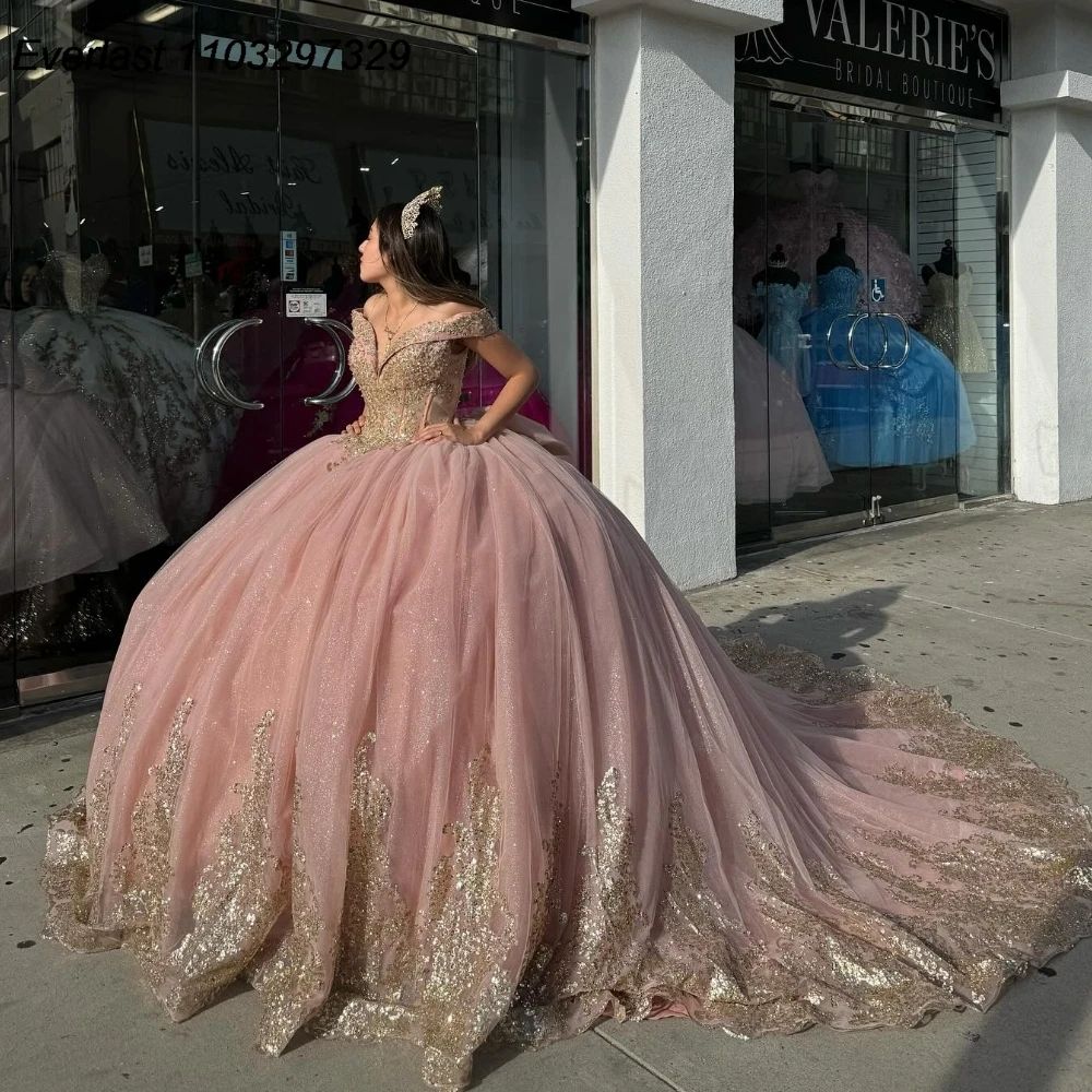 Evlast personalizado rosa quinceanera vestido de baile ouro renda applique miçangas arco espartilho doce 16 vestido de 15 anos qd1060