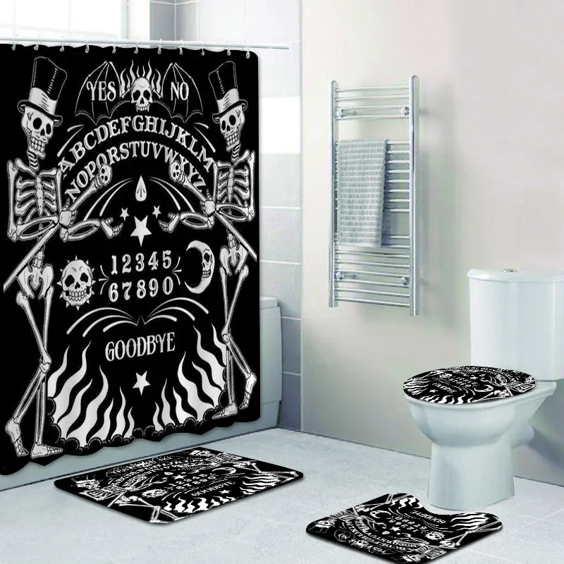 Funny Dancing Skeleton Magic Ouija Board Bathroom Shower Curtain Set Black Skull Bath Mats Rugs Witchy Halloween Home Decor